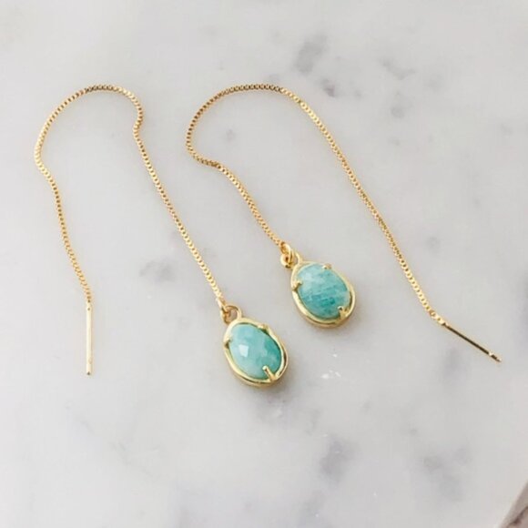Gold Plated Green Amazonite Egg Shape Threader Earrings - Picture 2 of 7